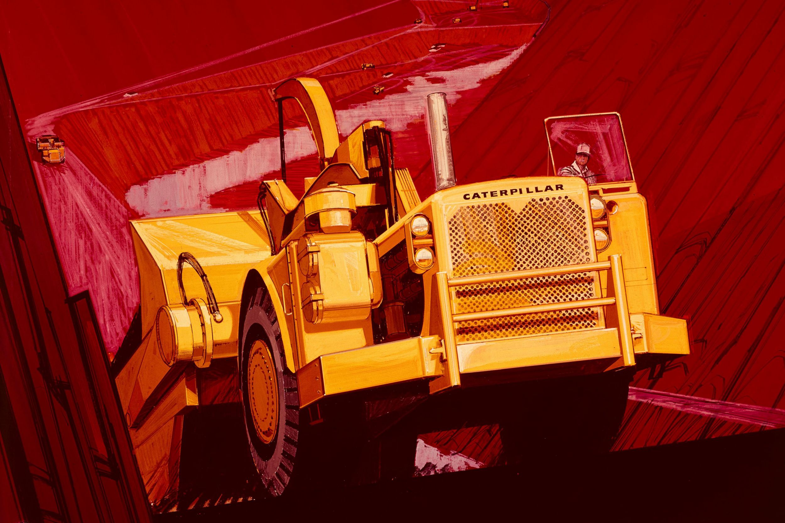 Artwork featuring Caterpillar wheel tractor-scrapers.